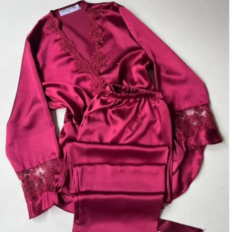 6-Piece Long Slit Silk Nighty Set in Maroon – Luxurious Nightwear for Women