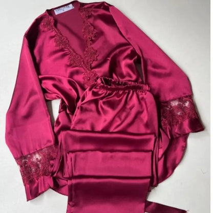 6-Piece Long Slit Silk Nighty Set in Maroon – Luxurious Nightwear for Women