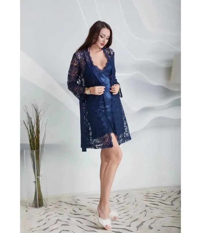 Nightgown & Dressing Gown Set with Lace Details - 6 Piece