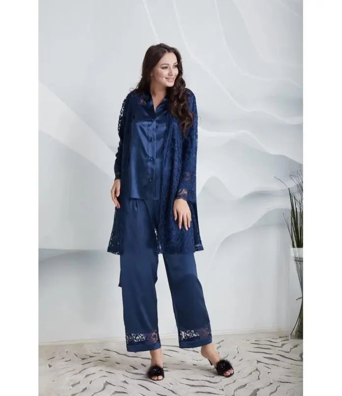 Nightgown & Dressing Gown Set with Lace Details - 6 Piece
